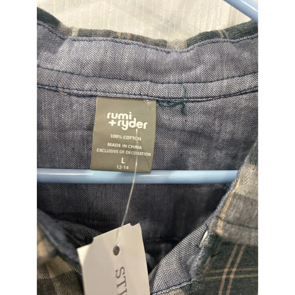 Rumi + Ryder Kids Reversible Plaid Shirt Green Grey‎ Blue Size L 12-14 NWT k7177